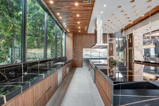 Interior, Kitchen, Pendant Lights, Recessed Lighting, Stainless Steel Appliances, Wooden Ceilings