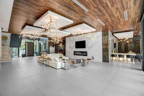 Fireplace, Interior, Living room, Marble Walls, Pendant Lights, Wooden Ceilings