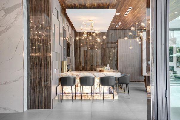 Dining room, Interior, Marble Walls, Pendant Lights