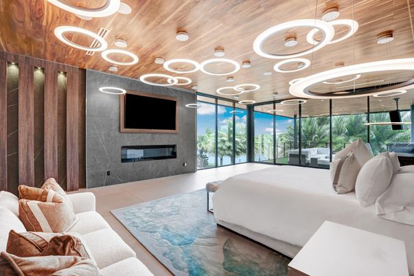 Fireplace, Interior, Living room, Pendant Lights, Recessed Lighting, Wooden Ceilings