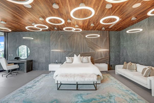 Bedroom, Interior, Pendant Lights, Recessed Lighting, Wooden Ceilings