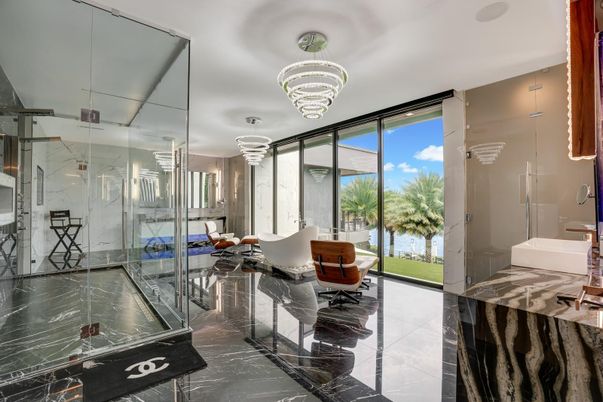 Bathroom, Chandelier, Dining room, Glass Shower, Interior, Marble, Water