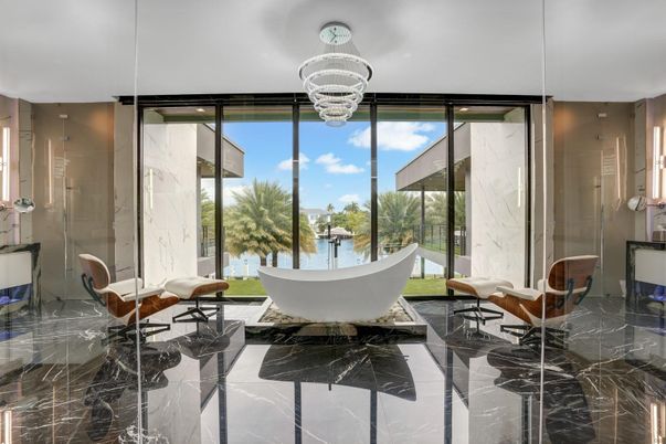 Bathroom, Chandelier, Free Standing Baths, Glass Shower, Interior, Marble, Marble Walls