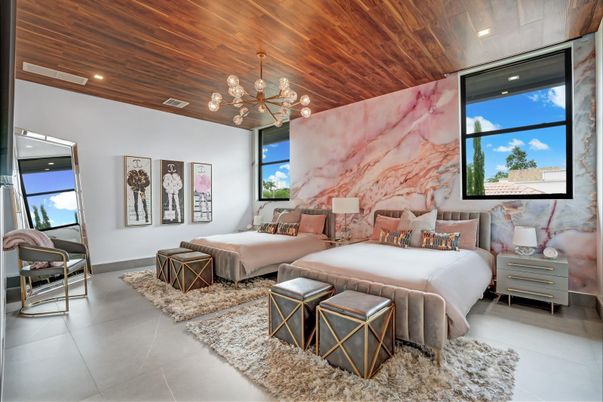 Bedroom, Interior, Pendant Lights, Recessed Lighting, Wooden Ceilings