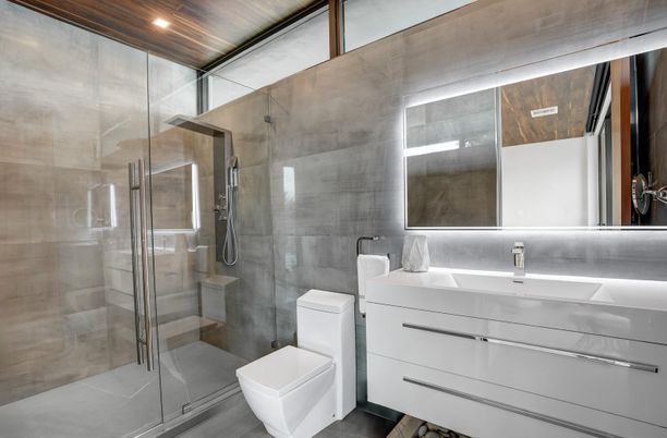 Bathroom, Glass Shower, Interior, Recessed Lighting