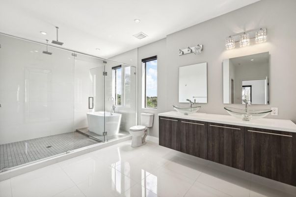 Bathroom, Dual Sink Vanities, Free Standing Baths, Glass Shower, Interior, Recessed Lighting