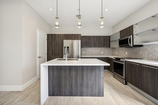 Interior, Kitchen, Pendant Lights, Recessed Lighting, Stainless Steel Appliances, Wood Texture Flooring