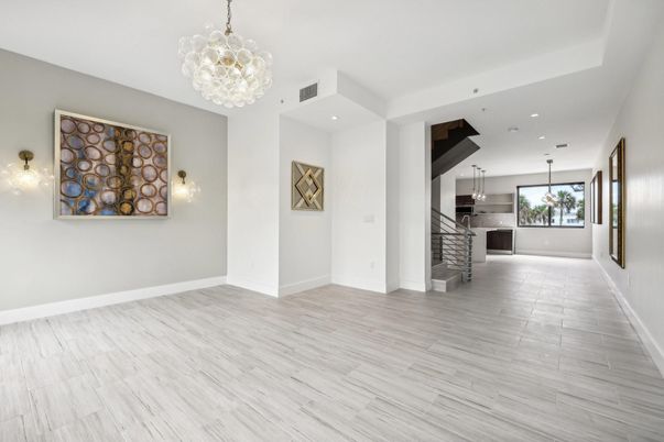 Chandelier, Interior, Kitchen, Pendant Lights, Recessed Lighting, Stainless Steel Appliances, Wood Texture Flooring