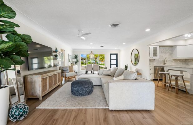 Dining room, Interior, Kitchen, Living room, Recessed Lighting, Wood Texture Flooring