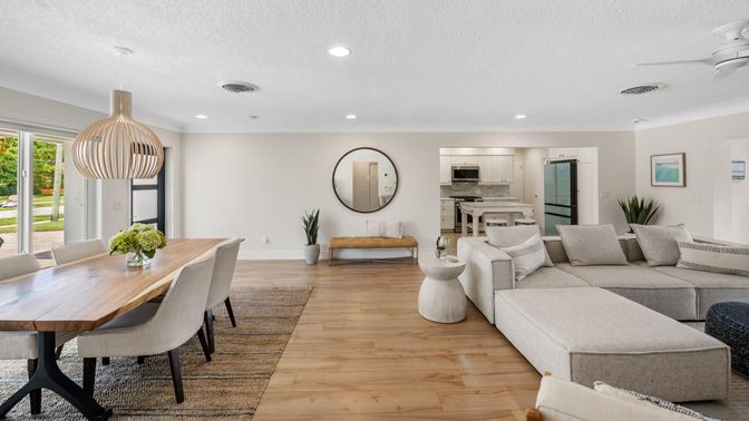 Dining room, Interior, Kitchen, Living room, Pendant Lights, Recessed Lighting, Stainless Steel Appliances, Wood Texture Flooring