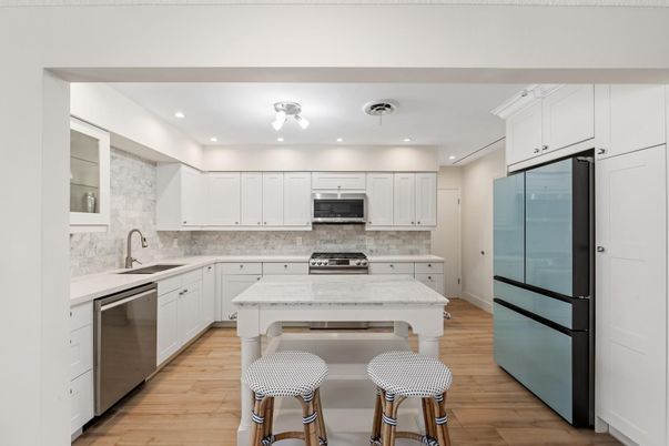 Interior, Kitchen, Recessed Lighting, Stainless Steel Appliances, Wood Texture Flooring