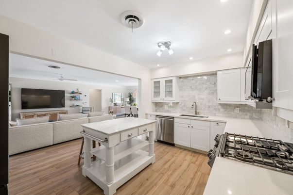 Interior, Kitchen, Living room, Recessed Lighting, Stainless Steel Appliances, Wood Texture Flooring