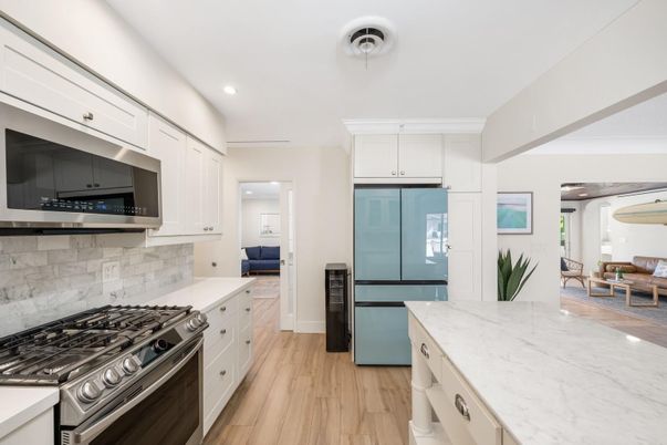 Interior, Kitchen, Recessed Lighting, Stainless Steel Appliances, Wood Texture Flooring