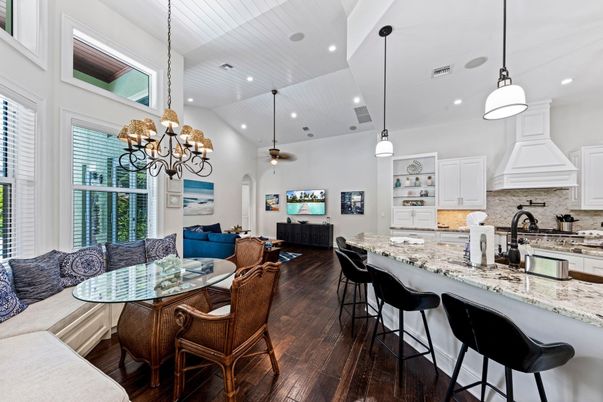 Chandelier, Dining room, Interior, Kitchen, Living room, Pendant Lights, Recessed Lighting, Wood Texture Flooring