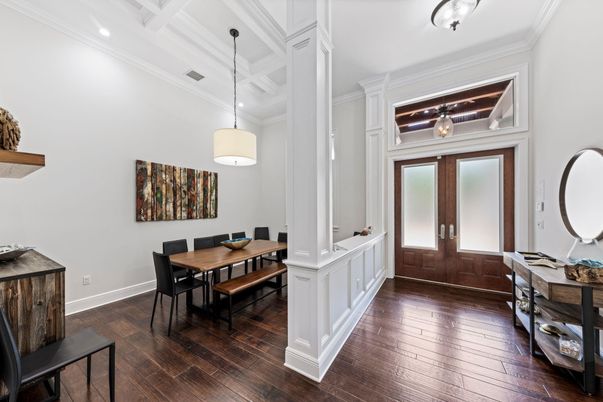 Dining room, Interior, Pendant Lights, Recessed Lighting, Wood Texture Flooring