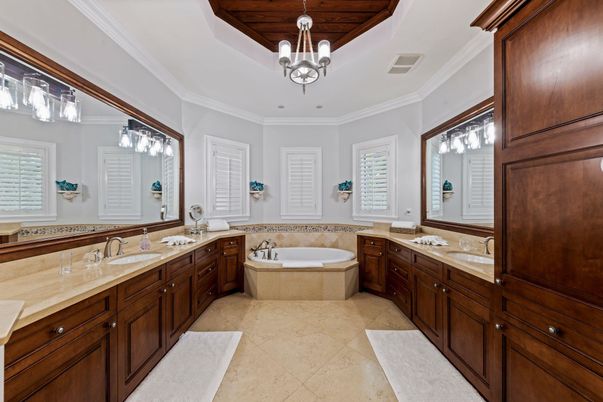 Bathroom, Chandelier, Dual Sink Vanities, Interior, Wooden Ceilings