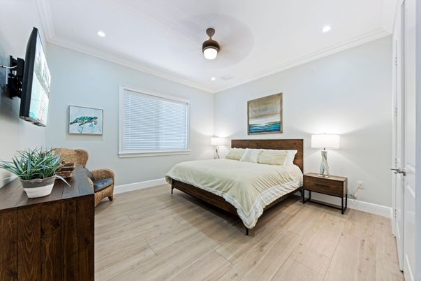 Bedroom, Interior, Recessed Lighting, Wood Texture Flooring