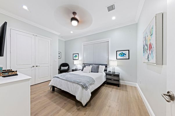 Bedroom, Interior, Recessed Lighting, Wood Texture Flooring