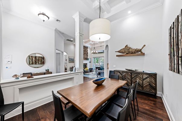Dining room, Interior, Pendant Lights, Recessed Lighting, Wood Texture Flooring