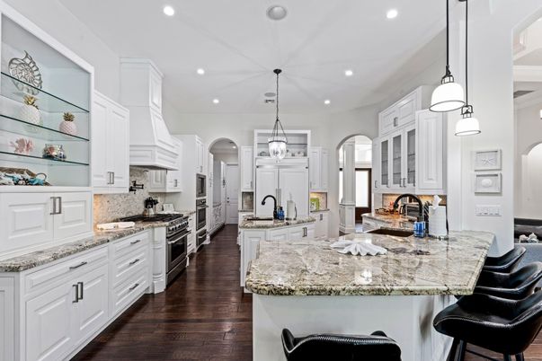 Fireplace, Interior, Kitchen, Pendant Lights, Recessed Lighting, Stainless Steel Appliances, Wood Texture Flooring
