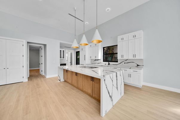Interior, Kitchen, Pendant Lights, Recessed Lighting, Wood Texture Flooring
