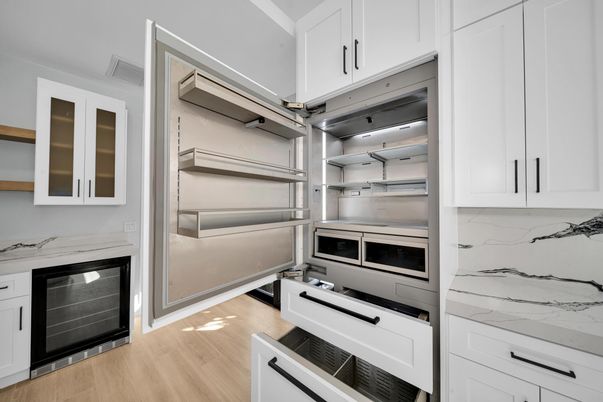 Interior, Kitchen, Marble Walls, Stainless Steel Appliances, Wood Texture Flooring