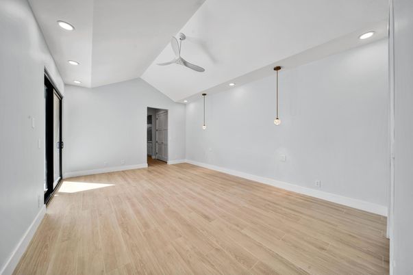 Empty room, Interior, Pendant Lights, Recessed Lighting, Wood Texture Flooring