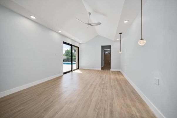 Empty room, Interior, Pendant Lights, Recessed Lighting, Wood Texture Flooring