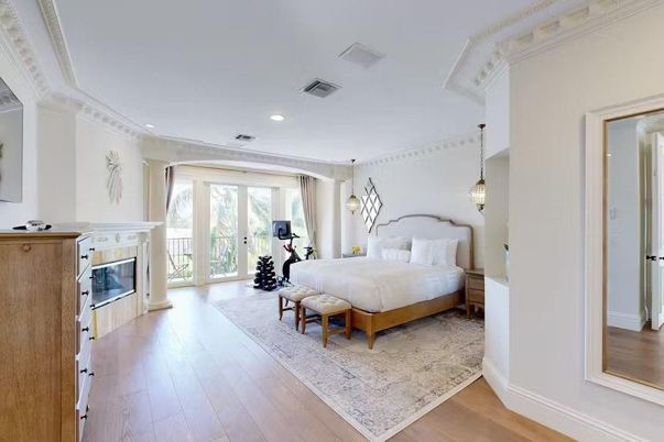 Bedroom, Fireplace, Fitness Equipment, Interior, Pendant Lights, Recessed Lighting, Wood Texture Flooring