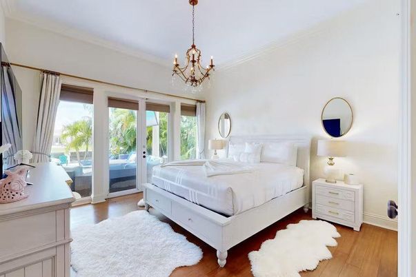 Bedroom, Chandelier, Interior, Wood Texture Flooring