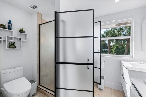 Bathroom, Glass Shower, Interior, Recessed Lighting