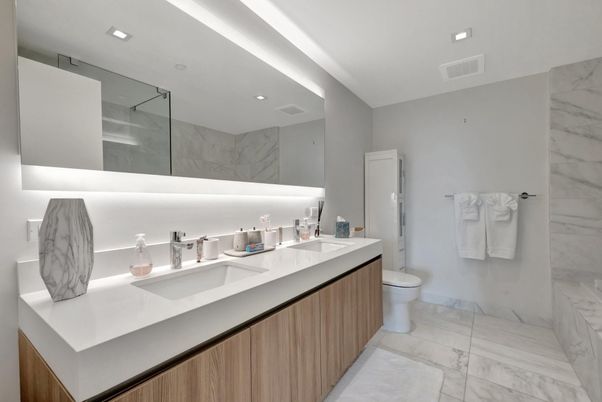 Bathroom, Dual Sink Vanities, Interior, Marble, Marble Walls, Recessed Lighting