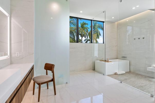 Bathroom, Glass Shower, Interior, Marble, Marble Walls, Recessed Lighting