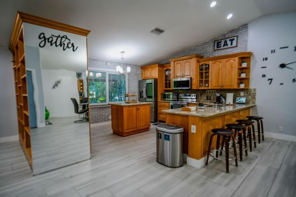 Chandelier, Interior, Kitchen, Recessed Lighting, Wood Texture Flooring