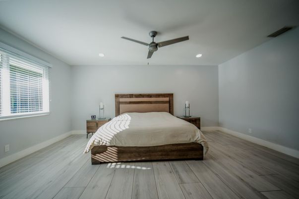 Bedroom, Interior, Recessed Lighting, Wood Texture Flooring