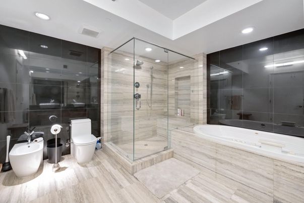 Bathroom, Free Standing Baths, Glass Shower, Interior, Recessed Lighting, Wood Texture Flooring