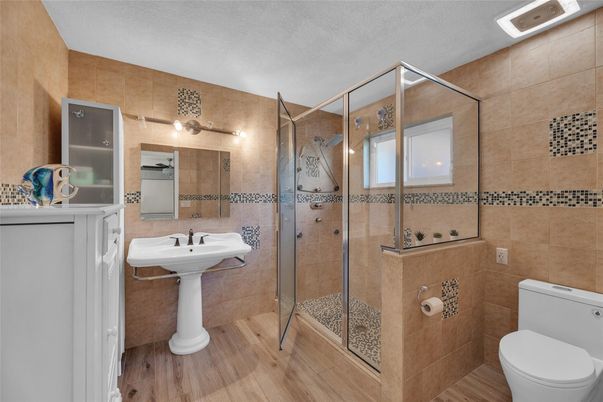 Bathroom, Glass Shower, Interior, Wood Texture Flooring