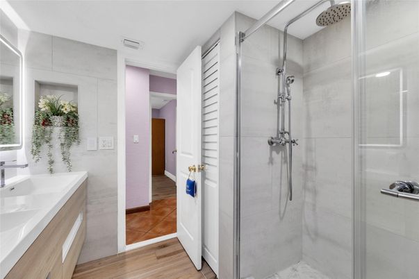 Bathroom, Glass Shower, Interior, Wood Texture Flooring