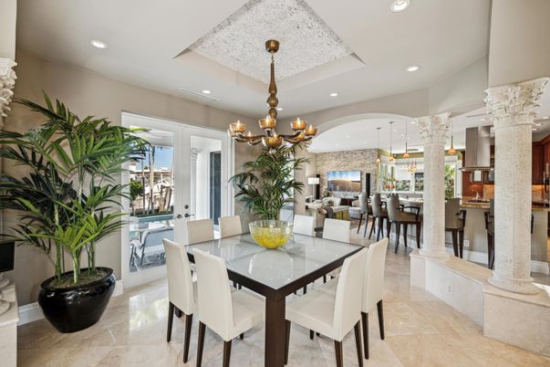 Chandelier, Dining room, Interior, Pendant Lights, Recessed Lighting, Stone Walls