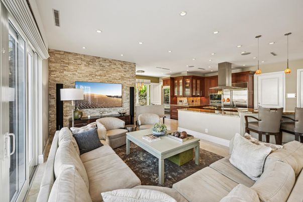 Interior, Kitchen, Living room, Pendant Lights, Recessed Lighting, Stainless Steel Appliances, Stone Walls