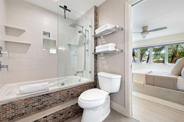 Bathroom, Glass Shower, Interior, Wood Texture Flooring