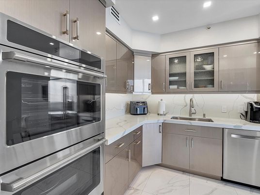 Interior, Kitchen, Marble, Recessed Lighting, Stainless Steel Appliances