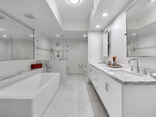 Bathroom, Dual Sink Vanities, Glass Shower, Interior, Marble, Recessed Lighting