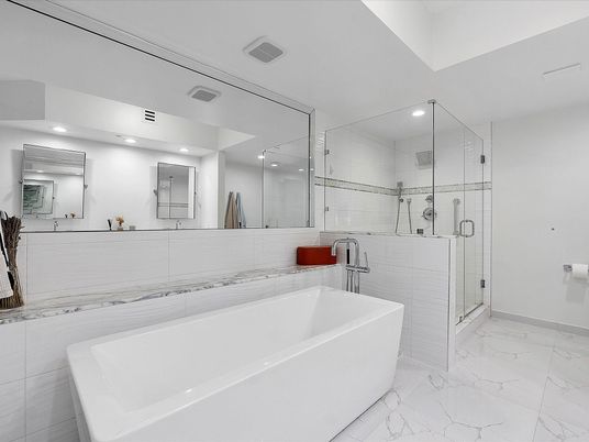 Bathroom, Free Standing Baths, Glass Shower, Interior, Marble, Recessed Lighting