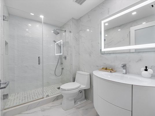 Bathroom, Glass Shower, Interior, Marble, Marble Walls, Recessed Lighting