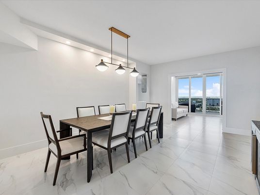 Dining room, Interior, Marble, Pendant Lights, Recessed Lighting