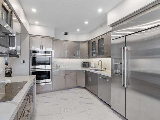 Interior, Kitchen, Marble, Recessed Lighting, Stainless Steel Appliances