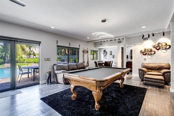 Billiard Table, Game Room, Interior, Pendant Lights, Recessed Lighting, Wood Texture Flooring