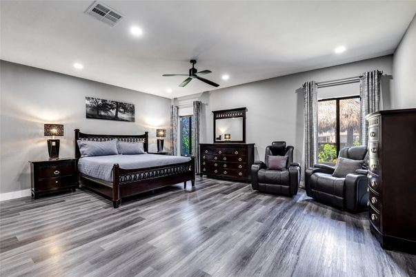 Bedroom, Interior, Recessed Lighting, Wood Texture Flooring
