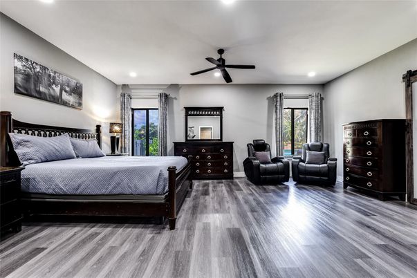 Bedroom, Interior, Recessed Lighting, Wood Texture Flooring